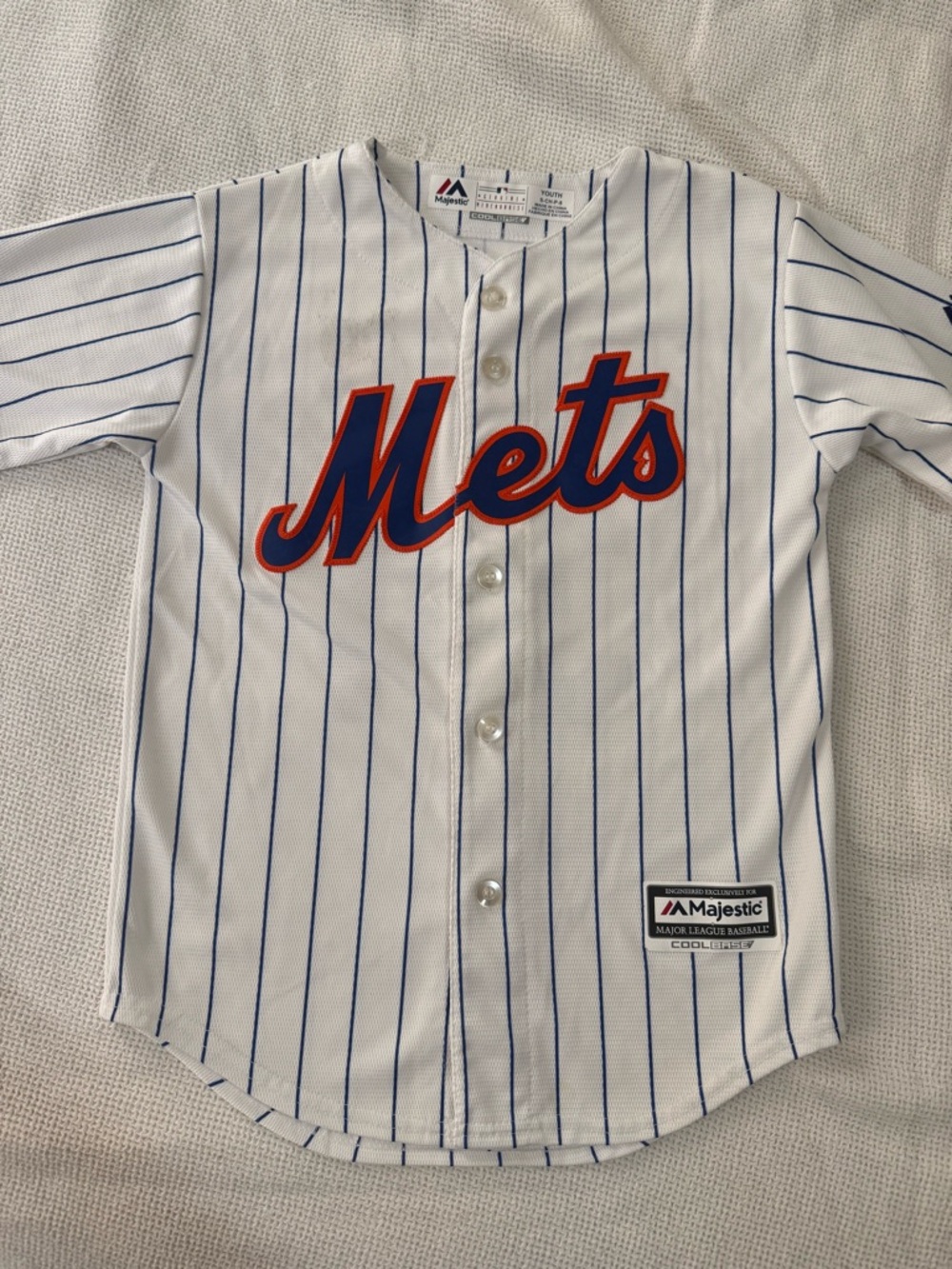 Majestic Youth Pinstripe Baseball Jersey - White/Blue/Orange